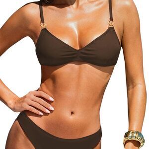 Sexy Brown Triangle Bikini Set Cheeky Two Piece Swimsuit V Neck Spaghetti Strap